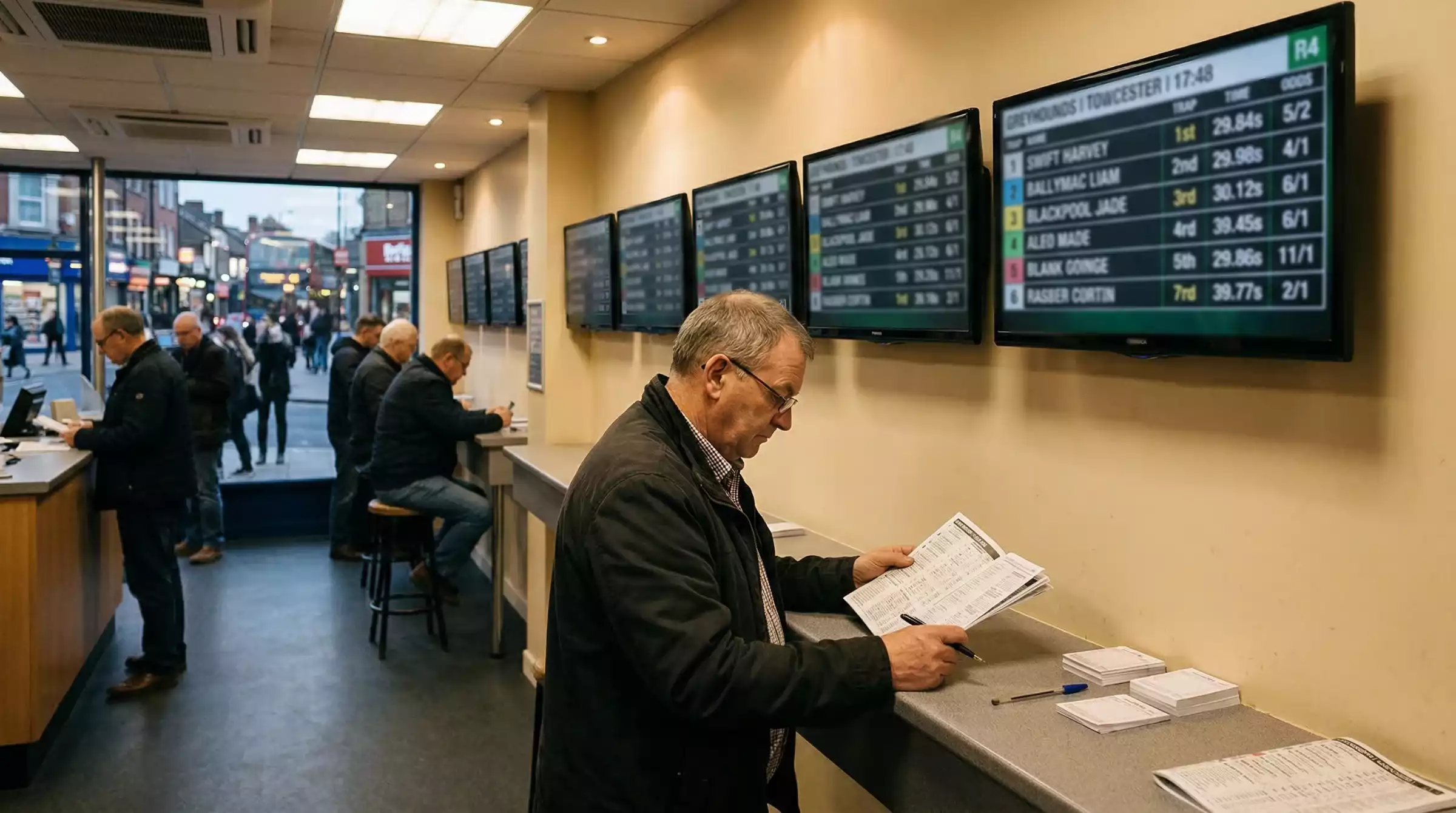 Live greyhound results displayed on a betting shop screen showing winners and starting prices