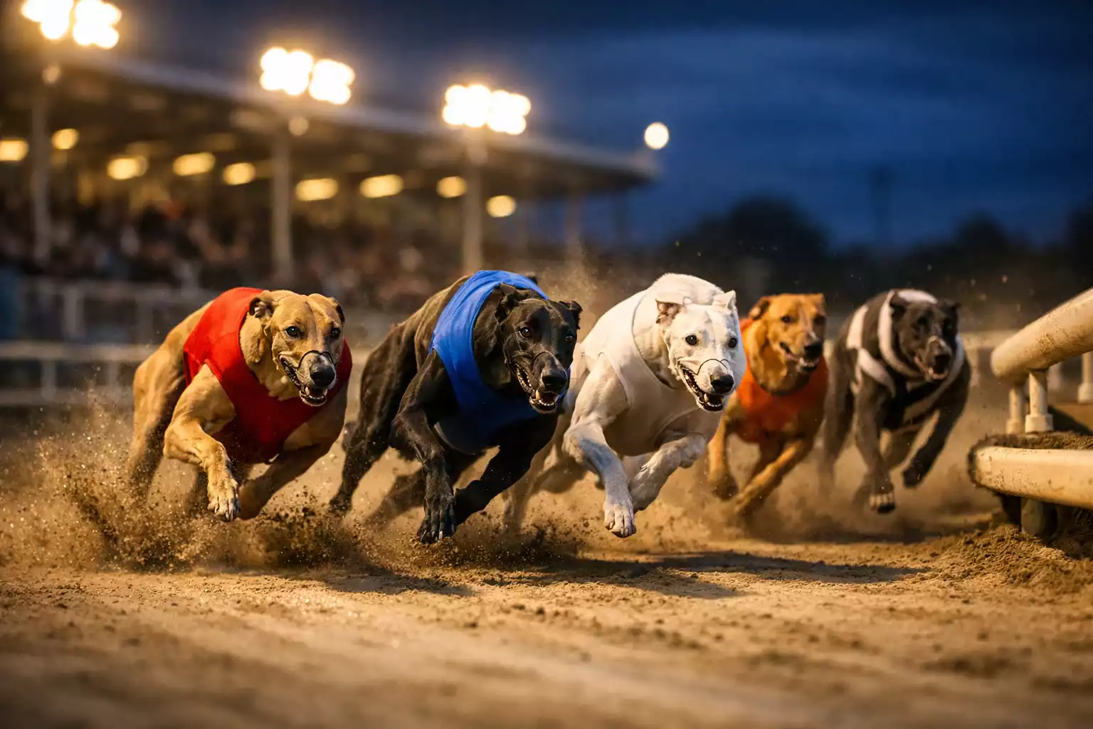 Greyhound racing tonight — dogs sprinting under stadium floodlights at a UK track