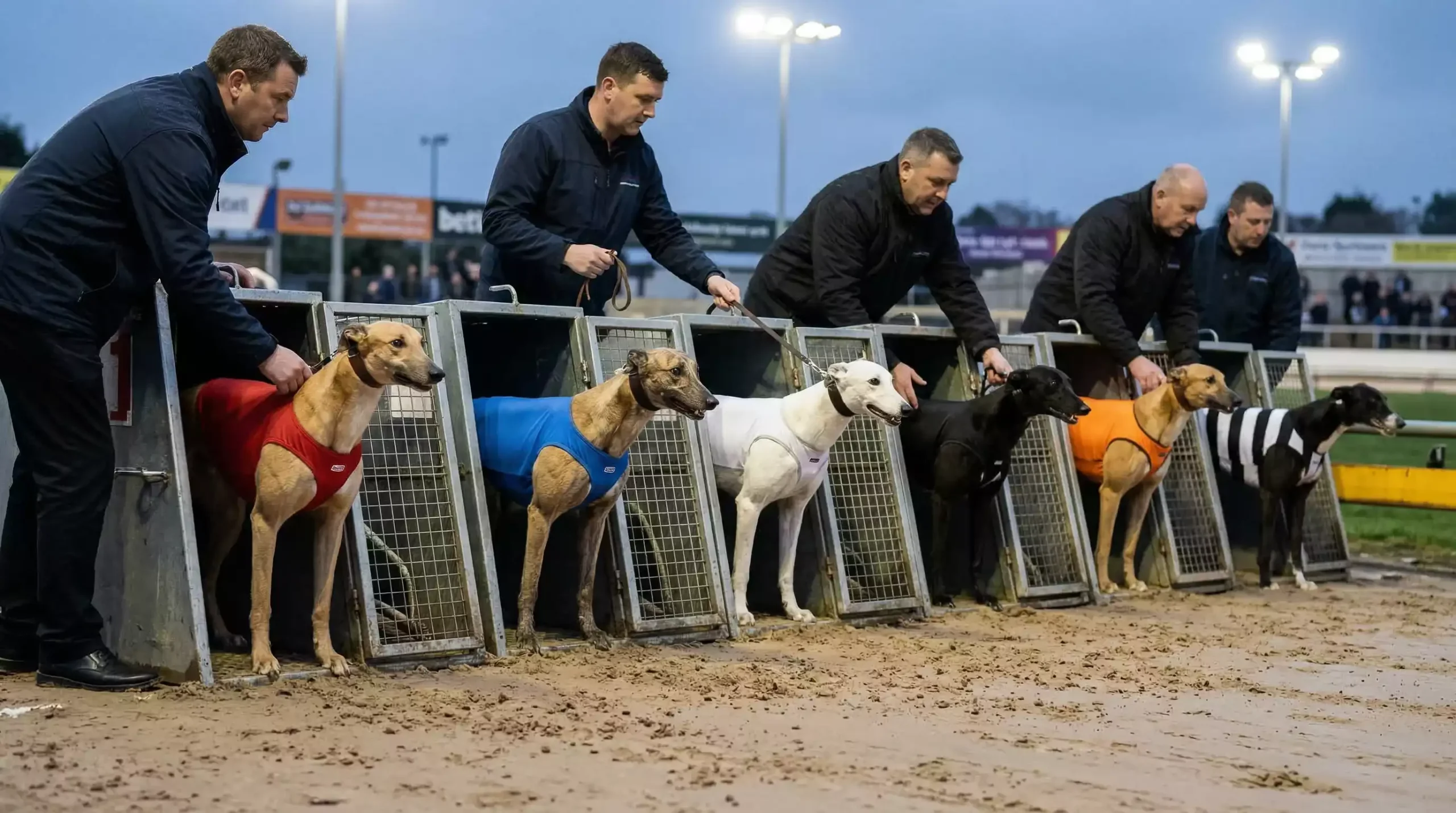 Greyhounds lined up in numbered starting traps wearing colour-coded racing jackets