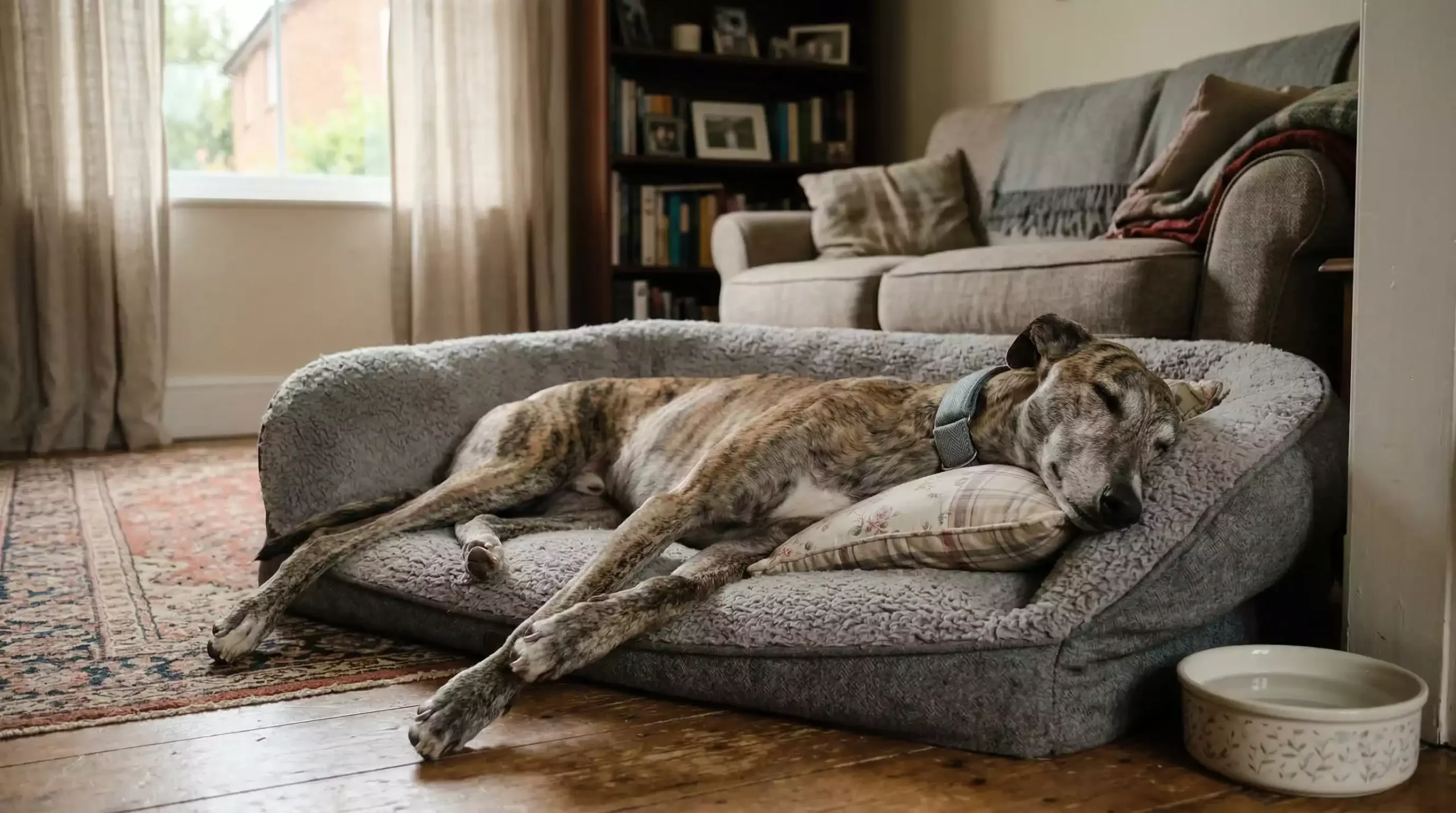 Retired racing greyhound relaxing in a home setting after being rehomed through a UK charity