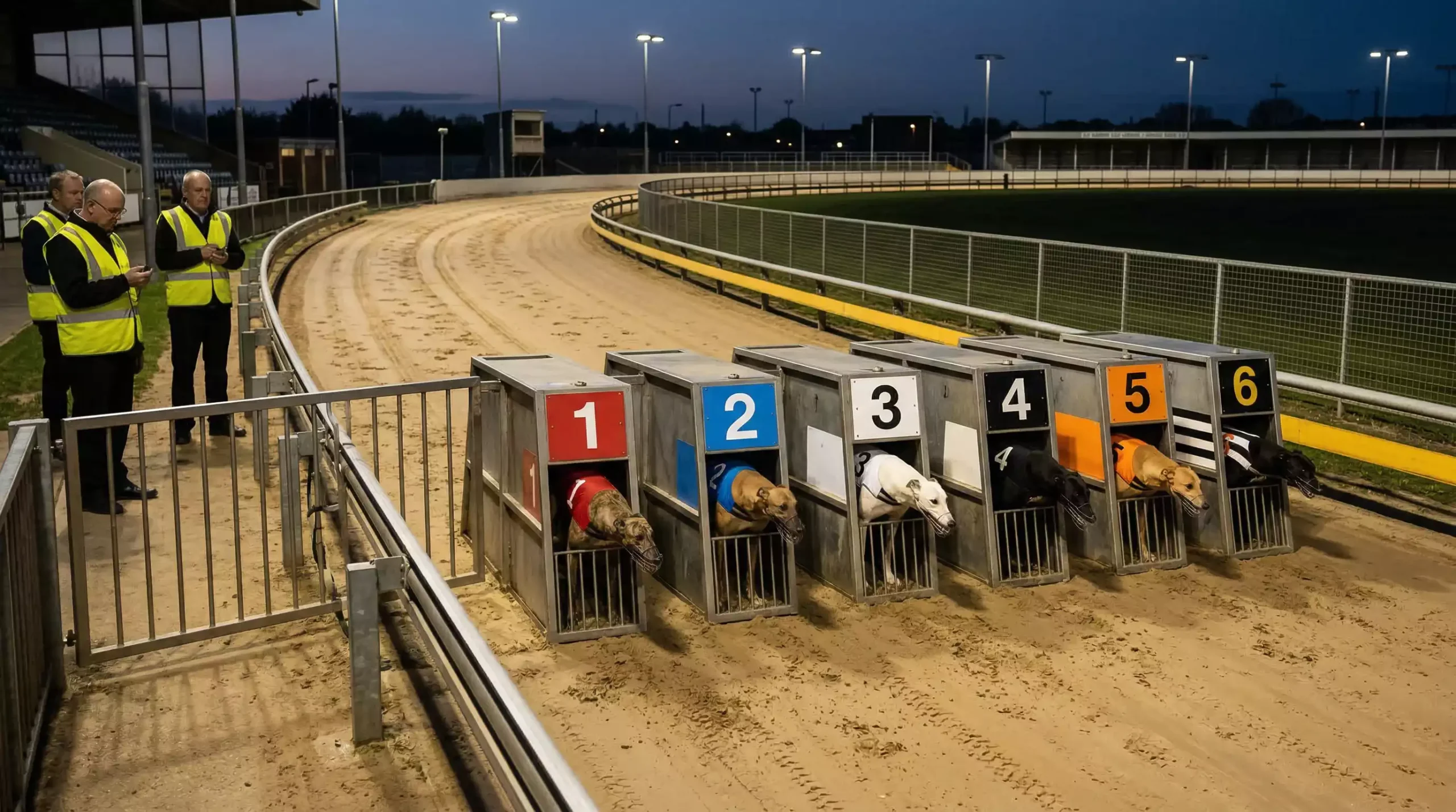 UK greyhound racing evening meeting — traps about to open under floodlights at a licensed stadium