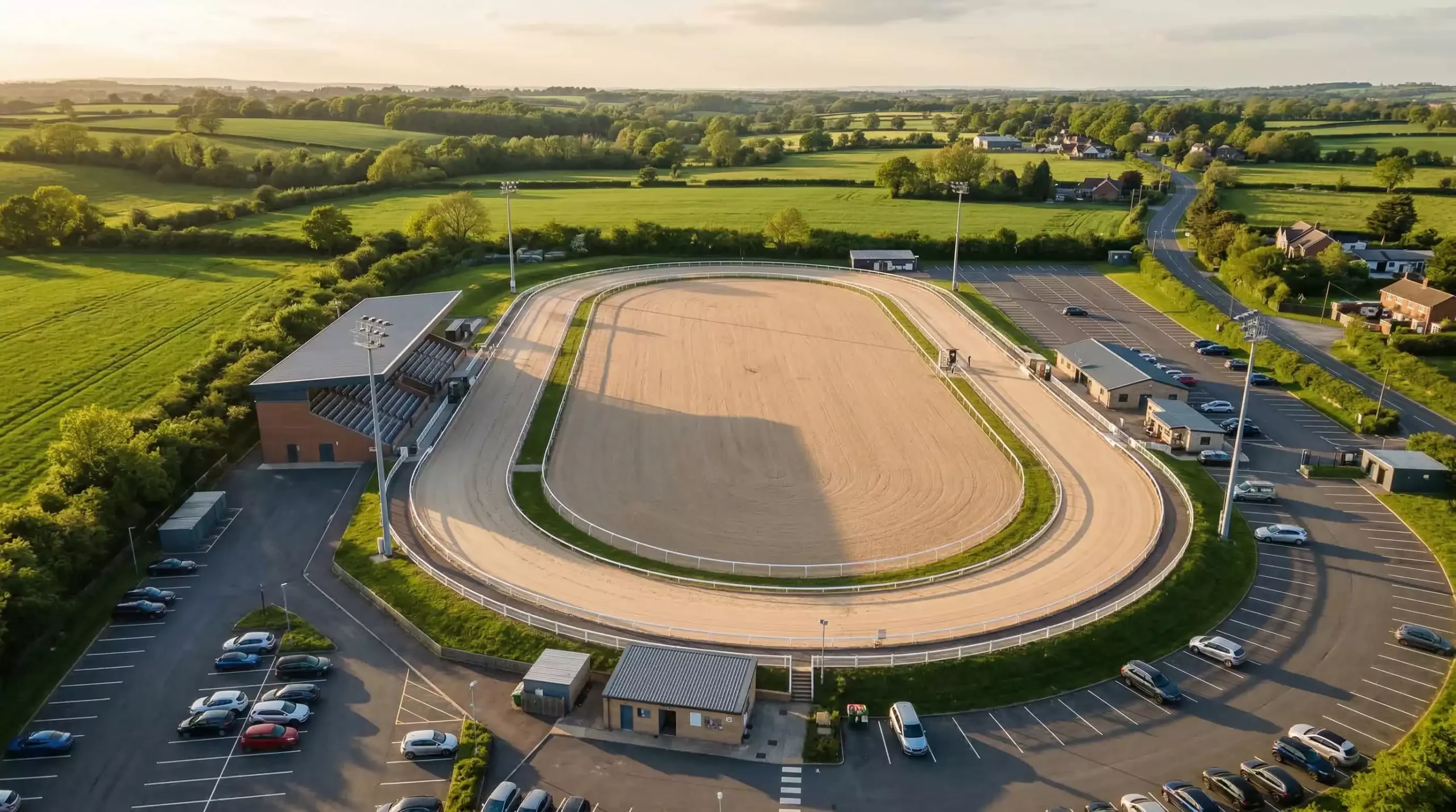 Aerial view of a UK greyhound racing stadium showing the oval track and grandstand