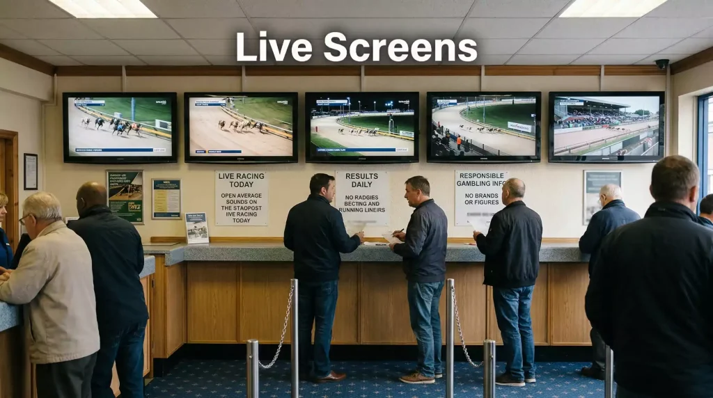 Television screens in a UK betting shop showing multiple live greyhound races simultaneously