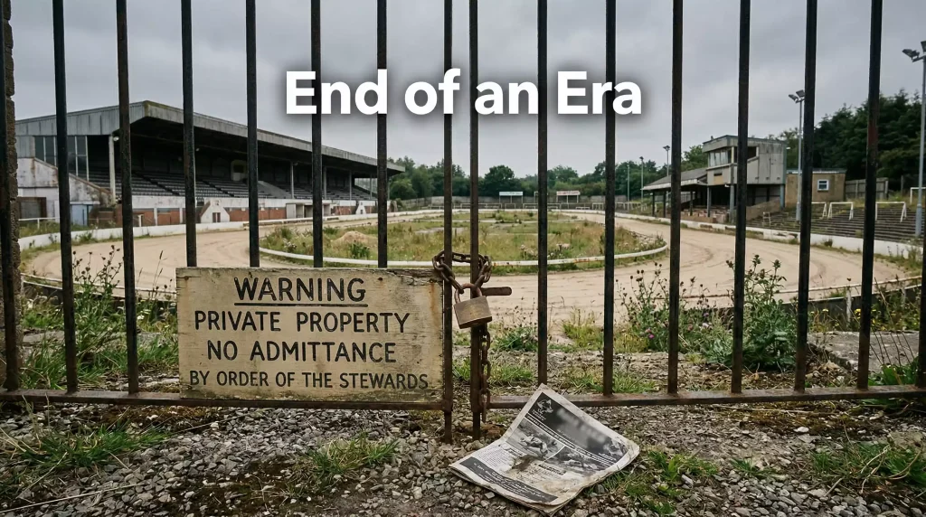 Empty Crayford greyhound stadium with a locked gate and a faded racing programme on the ground
