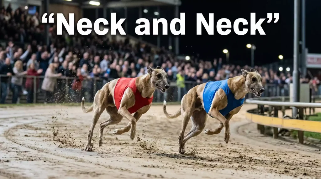Two greyhounds in racing jackets sprinting side by side on a track representing competitive open-grade racing