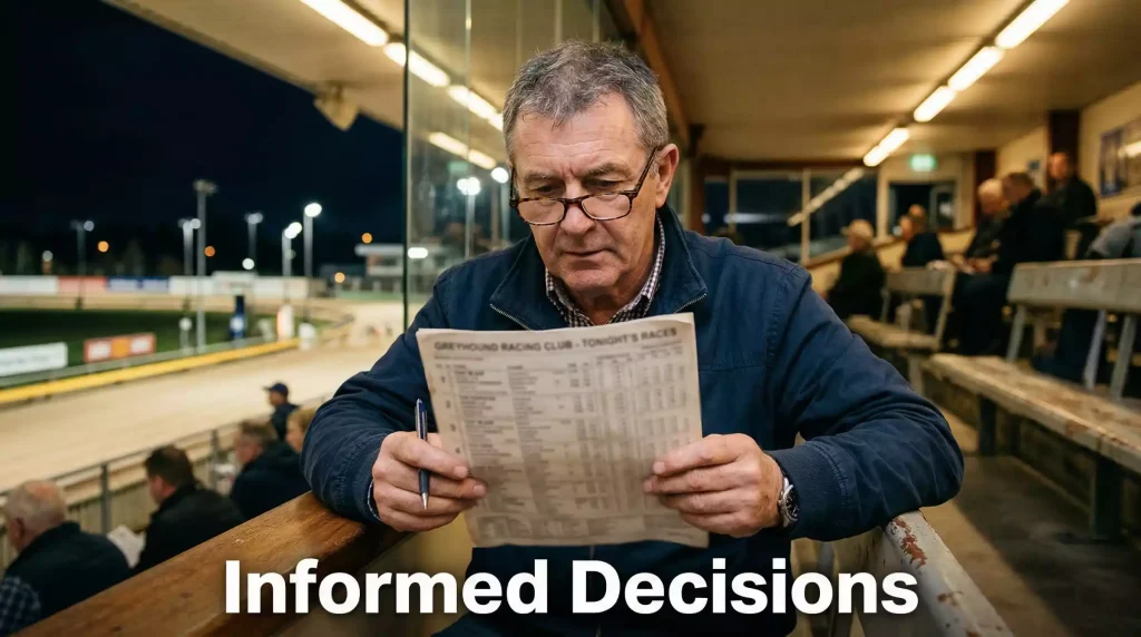 Greyhound betting guide — man studying a greyhound racecard with a pen in a trackside grandstand