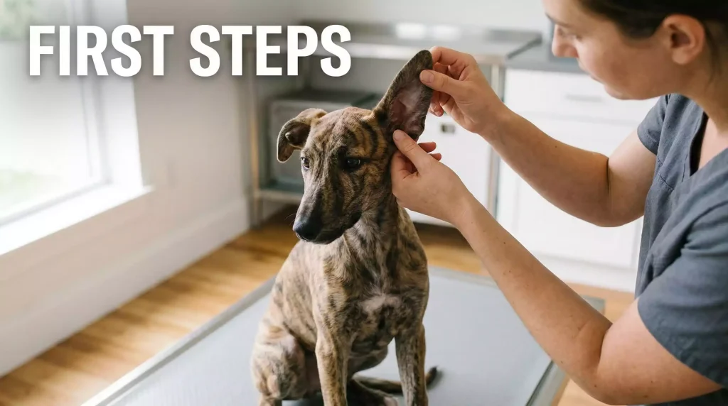 Greyhound puppy with an ear tattoo being examined by a handler during the registration process