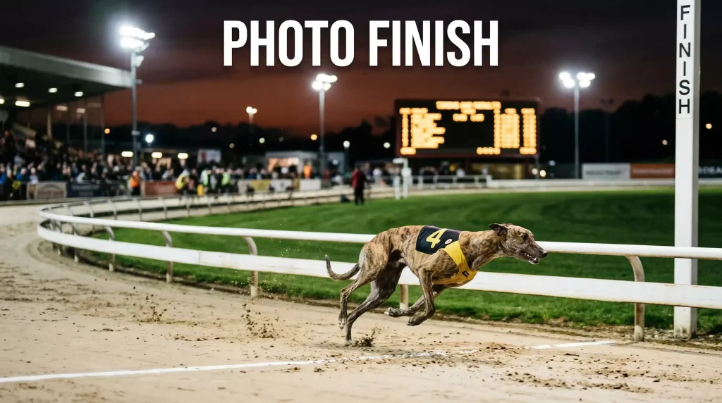 Greyhound crossing the finish line at a UK track under floodlights with a timing display in the background