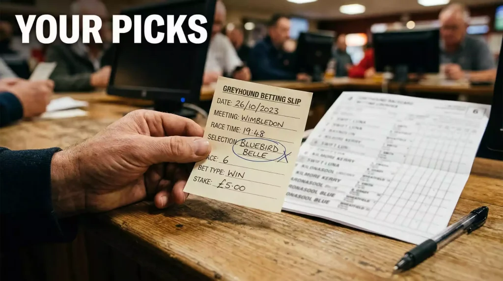 Betting slip with forecast and tricast selections next to a greyhound racecard on a table