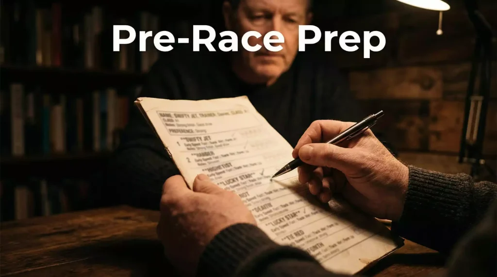 Person studying a greyhound form guide with a pen marking key figures under a desk lamp