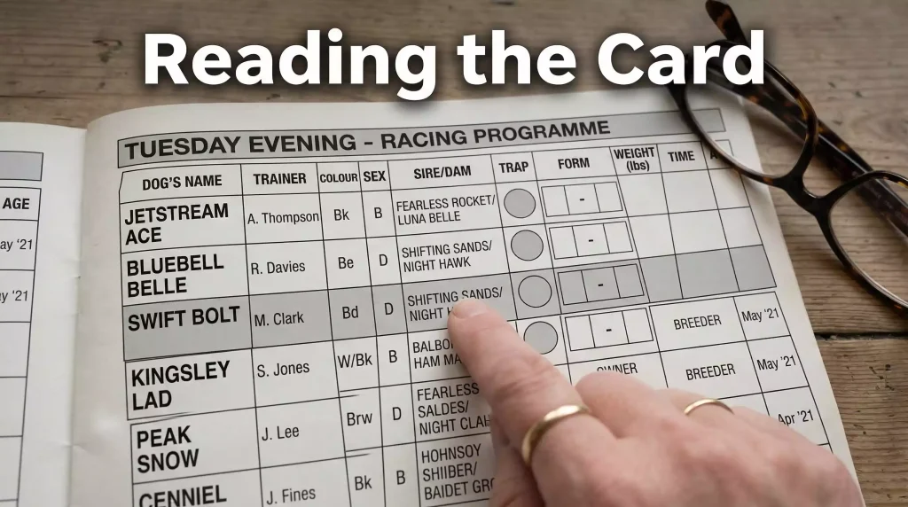 Close-up of a printed greyhound racecard showing dog names trap numbers and recent form figures
