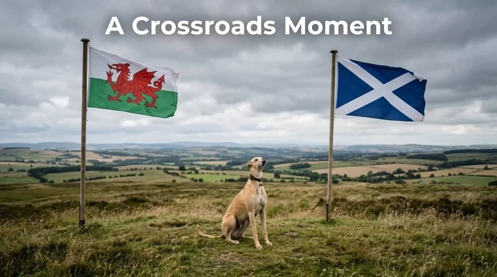 Welsh and Scottish flags side by side with a greyhound silhouette representing the racing ban debate