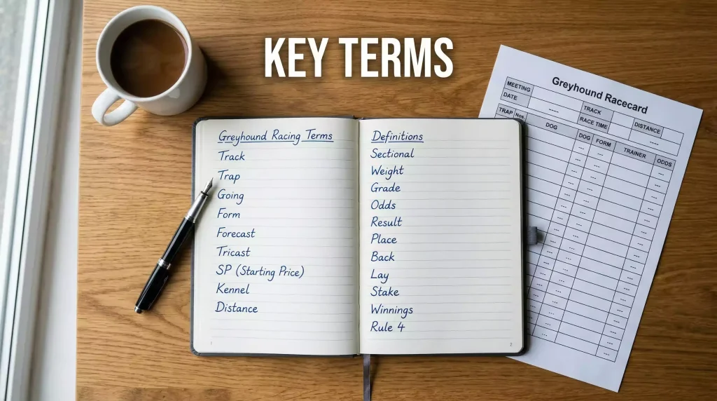 Open notebook with greyhound racing terms written in columns next to a racecard and pen
