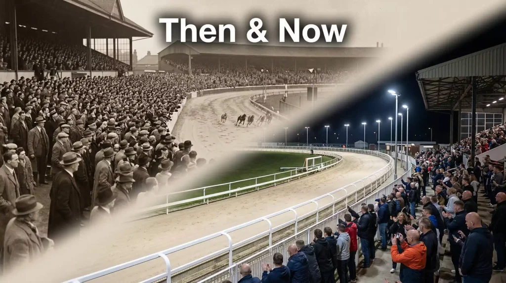 Black-and-white photograph of a packed greyhound stadium in 1940s Britain fading into a modern colour image