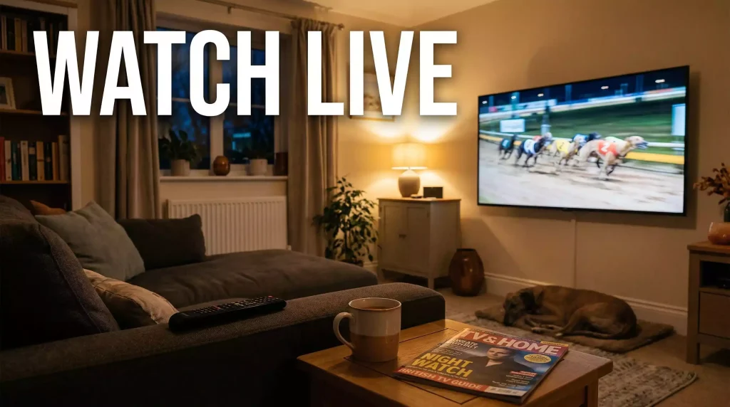 Living room television showing a live greyhound race broadcast with a remote control on the sofa