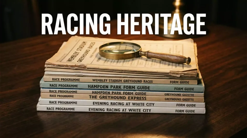 Stack of old greyhound racing programmes and form guides representing decades of archived results