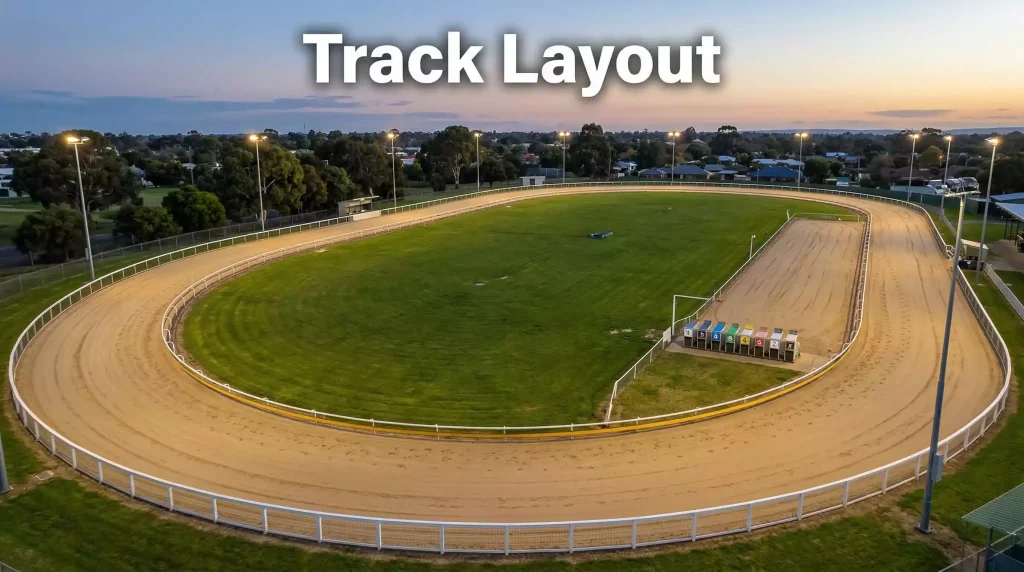 Greyhound sand track viewed from above showing the oval layout with distance markings