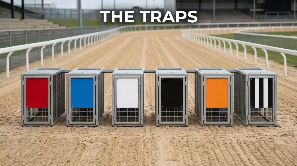 Six greyhound starting traps numbered one to six in their traditional colours on a sand track