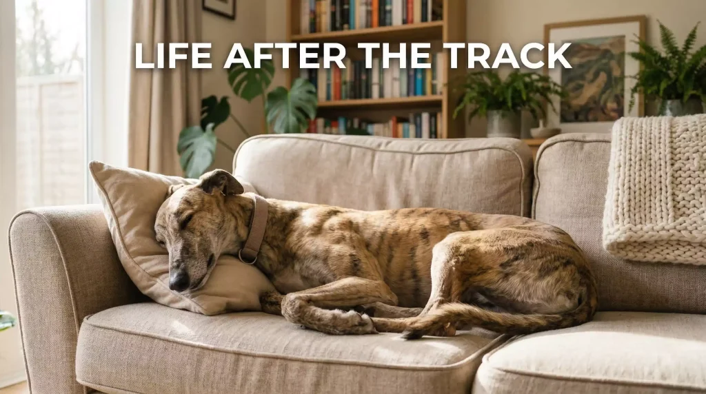 Greyhound welfare in UK racing — a retired greyhound resting on a sofa in a warm living room