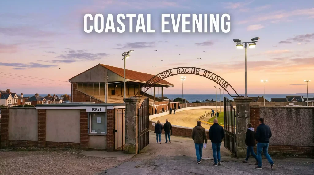 Brighton and Hove greyhound stadium on the south coast with evening sky above the track