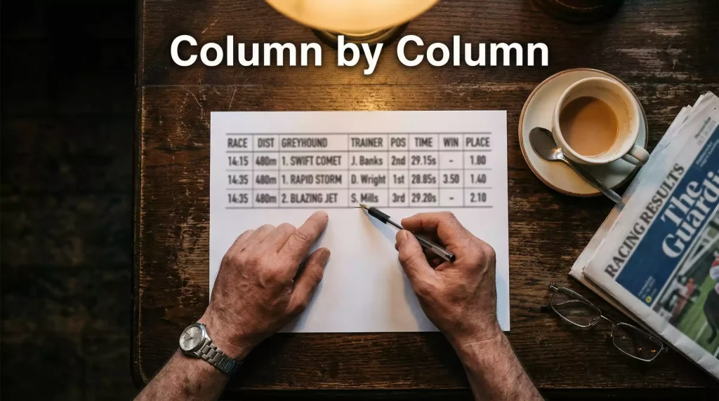 How to read greyhound results — close-up of a printed greyhound race results sheet on a table