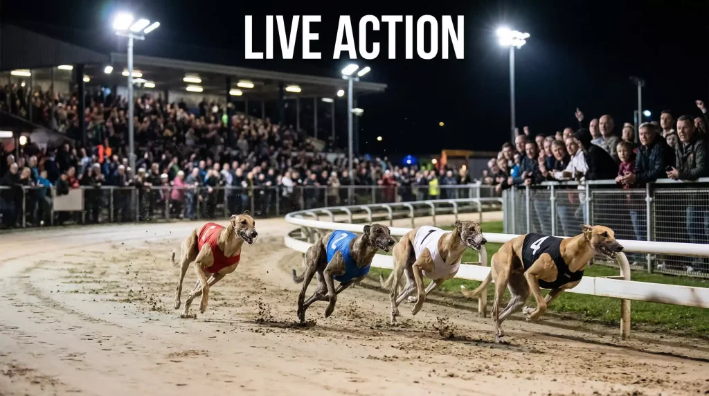 Greyhound race in progress at an illuminated UK stadium with spectators watching from the stands