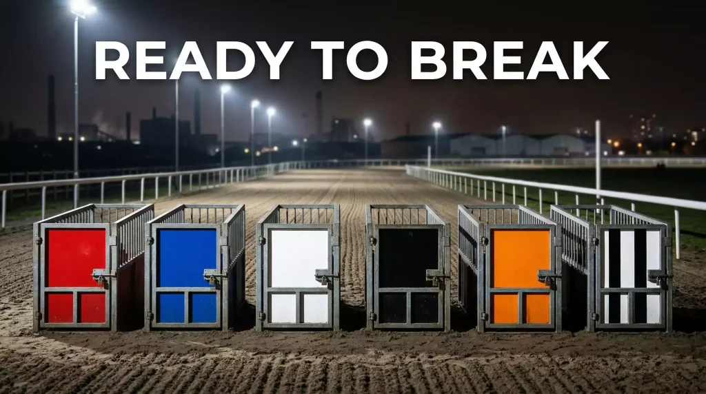 Monmore Green greyhound track in Wolverhampton with starting traps ready for a race