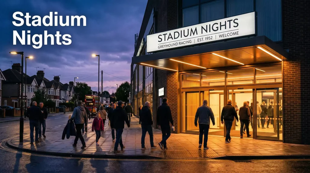 Romford greyhound stadium entrance under evening lights with the London skyline in the distance