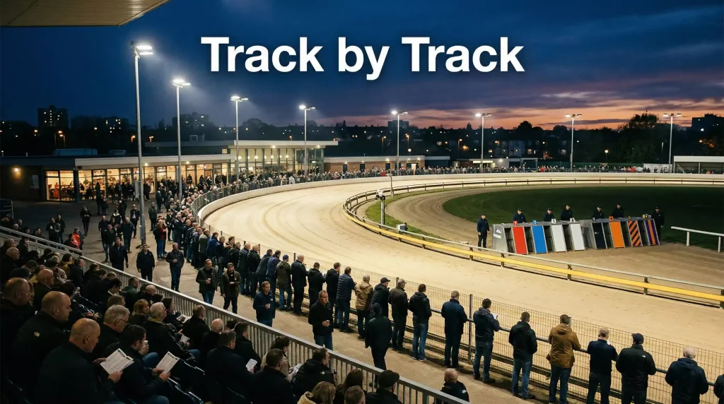 UK greyhound racing tracks — aerial view of a floodlit greyhound stadium on race night